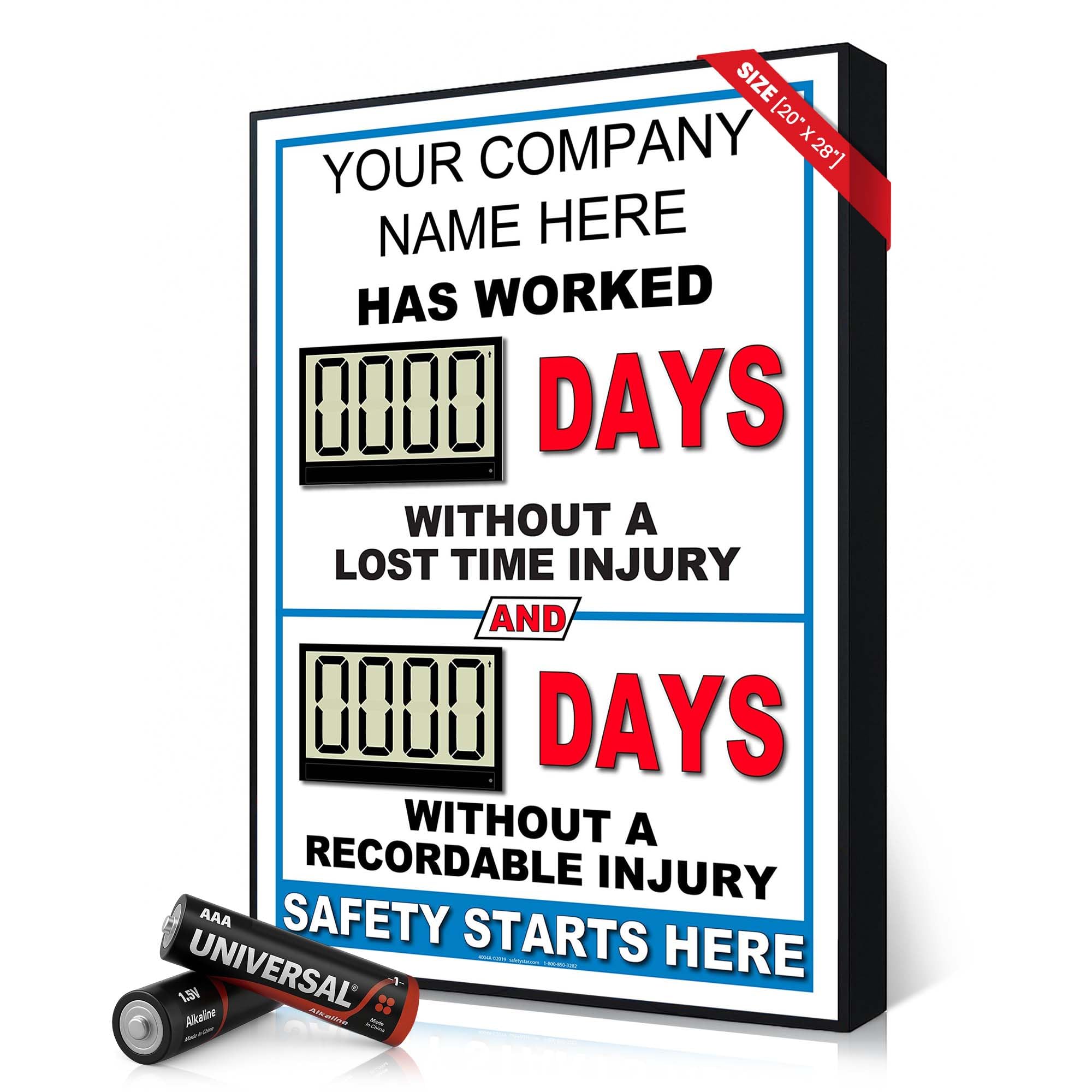 Battery Operated Custom Safety Digital Scoreboard 20" × 28" | Indoor Digital Scoreboard with Auto Day Counter | No Power Cord Needed | Track Days Without Accident Sign for Workplace Safety
