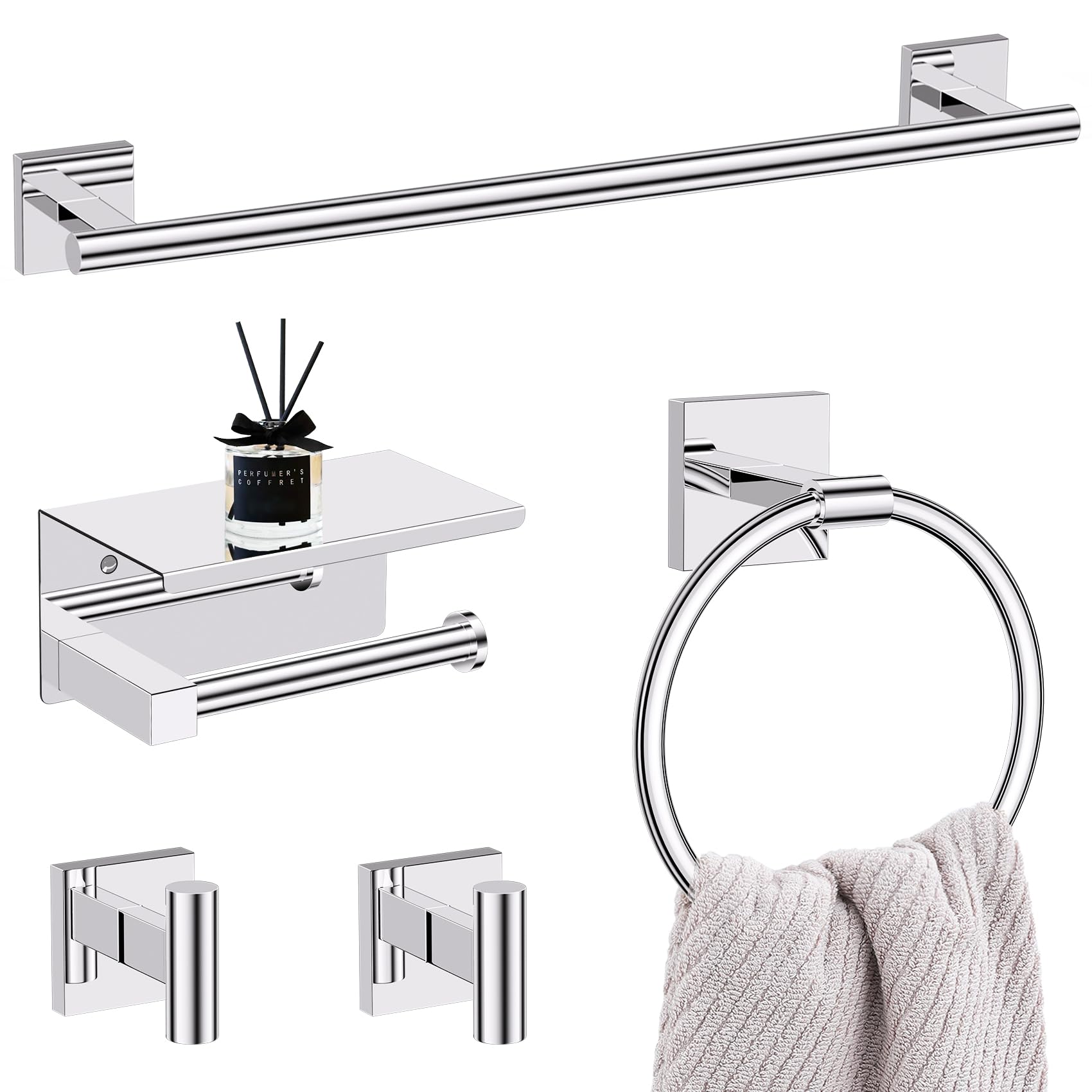 LMYSXAOZ 5PCS Polish Chrome Bathroom Hardware Set, SUS304 Stainless Steel Towel Bar Set-23.6 inches Bar, Toilet Paper Holder with Shelf, Ring and Two Hooks, Set Wall-Mounted