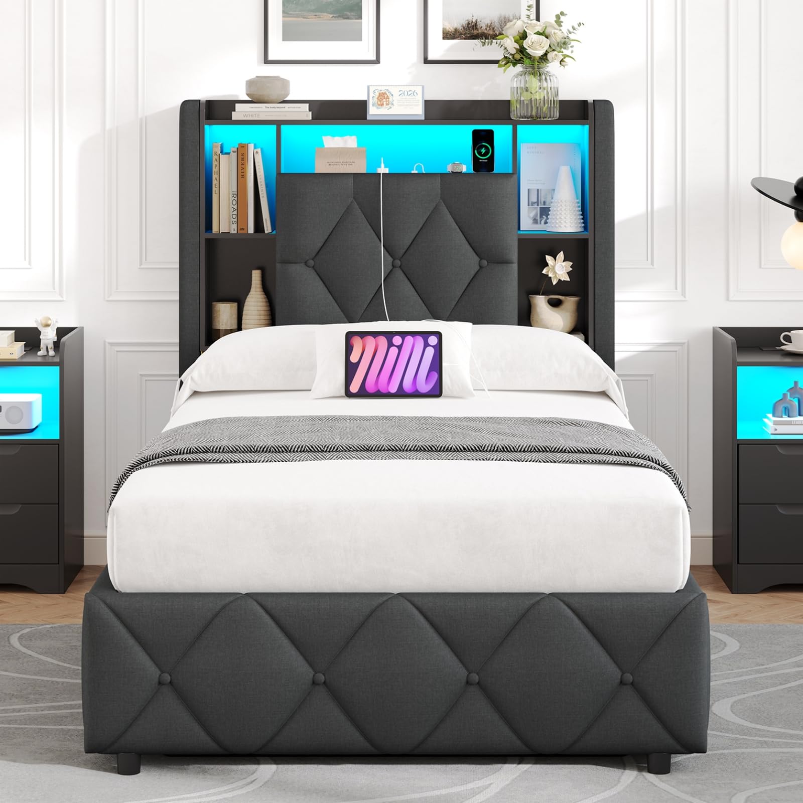 Brinlawb 4ft Small Double Lift Up Ottoman Bed Frame with LED Charging, Grey