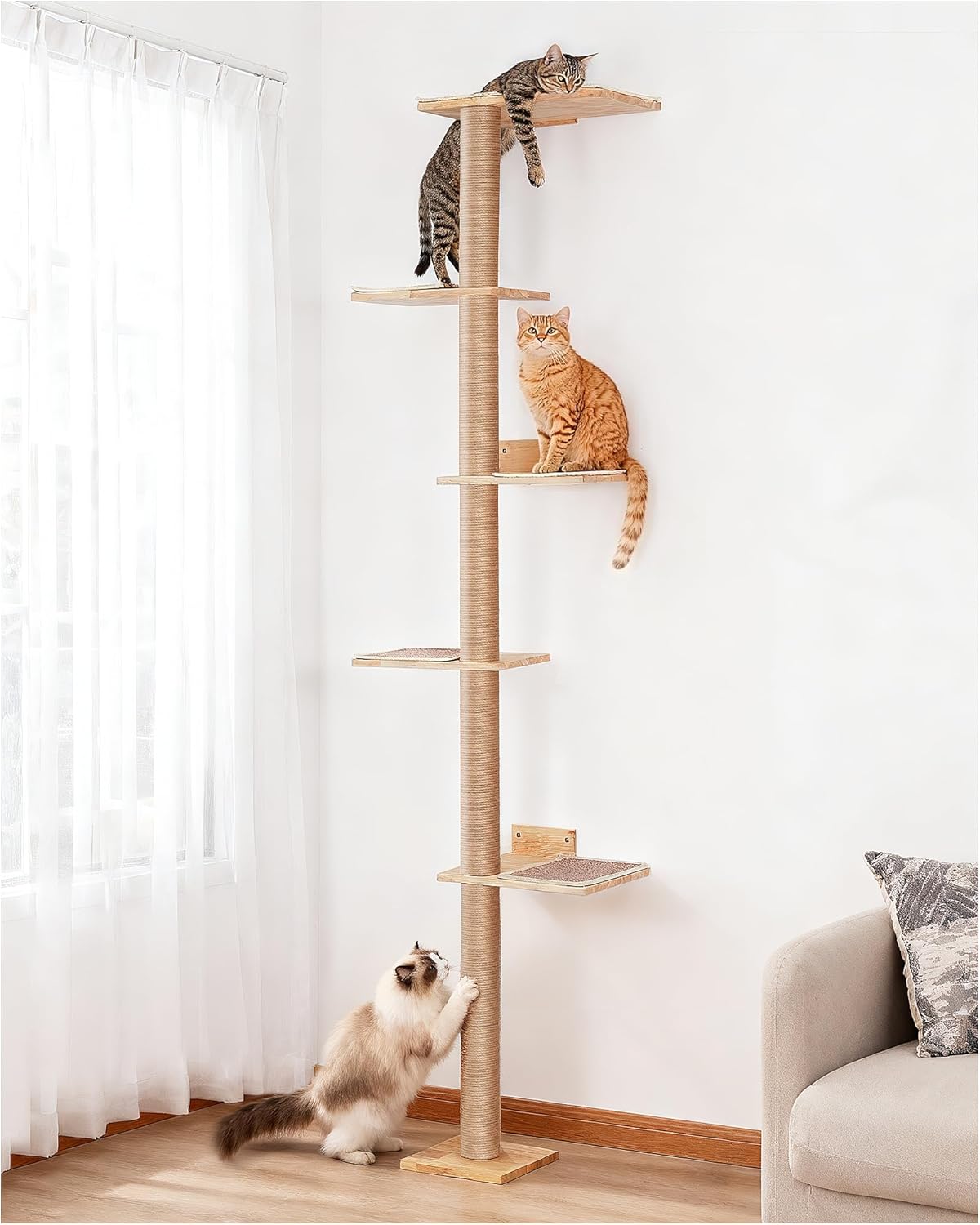 80inch Wall Mounted Cat Tree, 15.8in Top Perch Bed for Large Adult Cats, Adjustable Cat Shelves Floor to Ceiling for Scratch, Climb, and Lookout