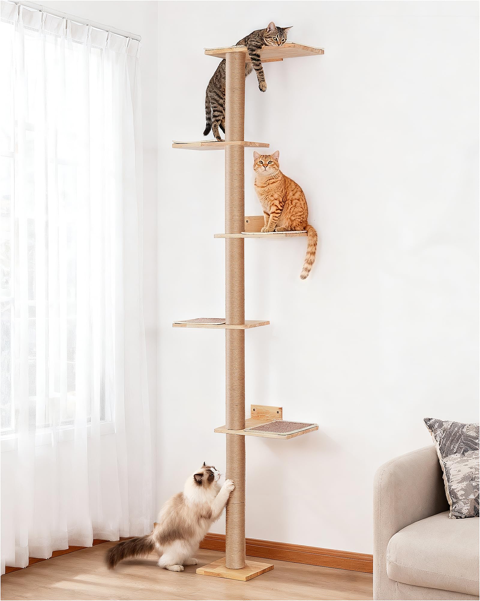 80inch Tall Cat Tree Wall Mount, 15.8in Top Perch Bed for Large Adult Cats, Adjustable Cat Tower Floor to Ceiling for Scratch, Climb, and Lookout
