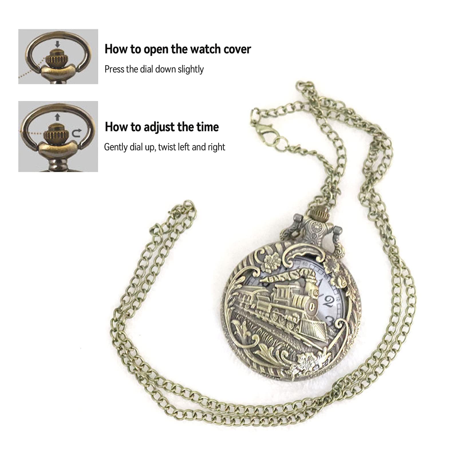 tasca, Orologio da tasca classico al quarzo scolpito con catena corta for uomo e donna, modello treno a vapore 3D