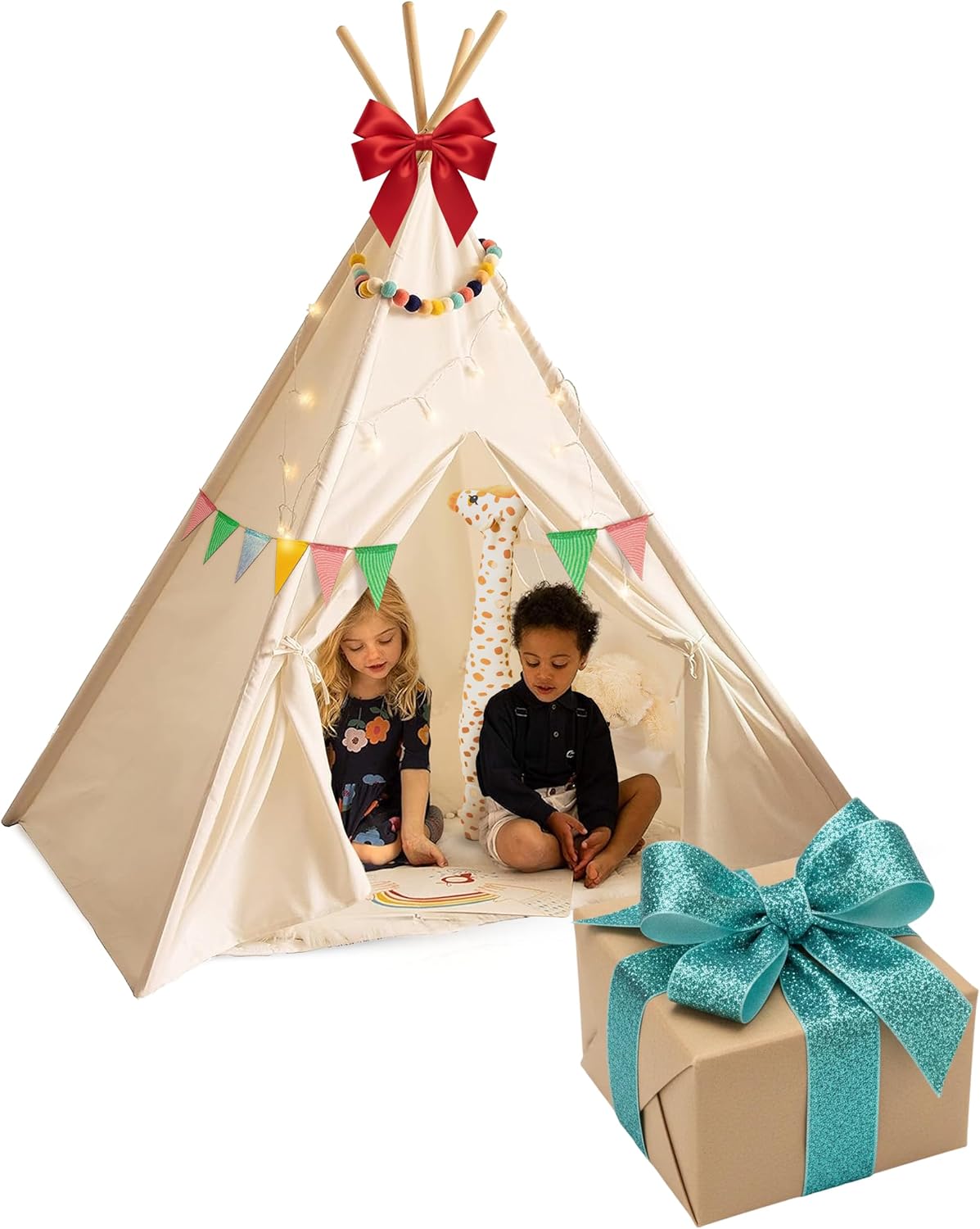PLAYVIBE Teepee Tent for Kids - Castle Theme Indoor & Outdoor Playhouse with LED Star Lights - Christmas Tent for Kids, Cozy Gift for Grandkids, Holiday and Birthdays, Fall Decor & Toddler Toy Fort