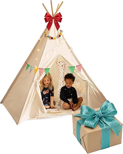 PLAYVIBE Tienda de campaña tipi para niños, casa de juegos para interiores y exteriores con luces LED de estrella, tienda de campaña de Navidad para