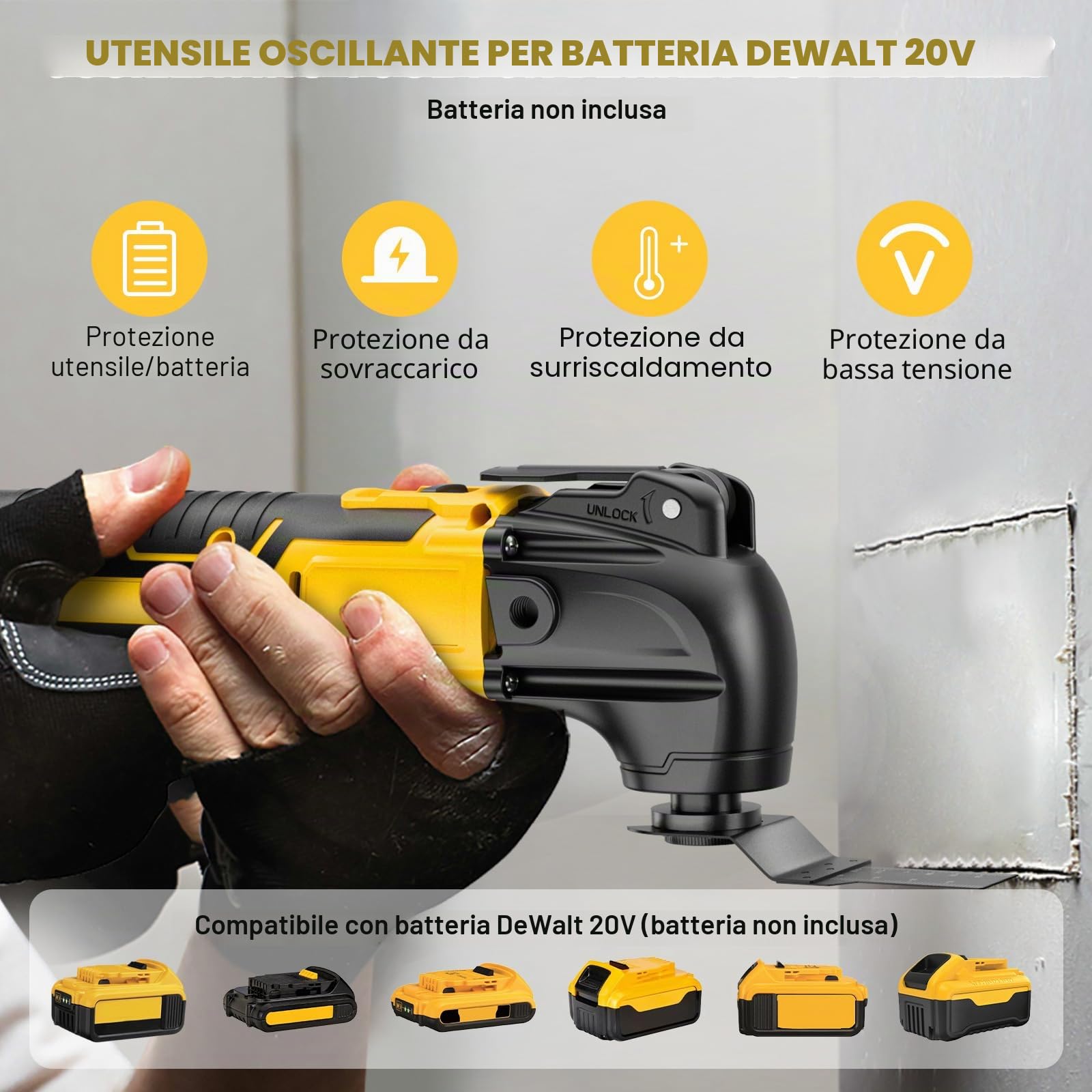 Utensile oscillante a batteria per batteria Dewalt 18V 20V (senza batteria) Kit di utensili oscillanti senza spazzole con 6 velocità variabili, rimovibile e raschiante, con 23 accessori