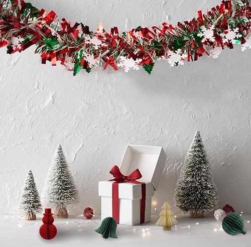 Miniatura 2 de Guirnalda de Oropel Esponjosa de 32 Pies Roja Verde Plateada con Copos de Nieve Decoraciones Navideñas Decoración Metálica Colgante para Techo Rojo