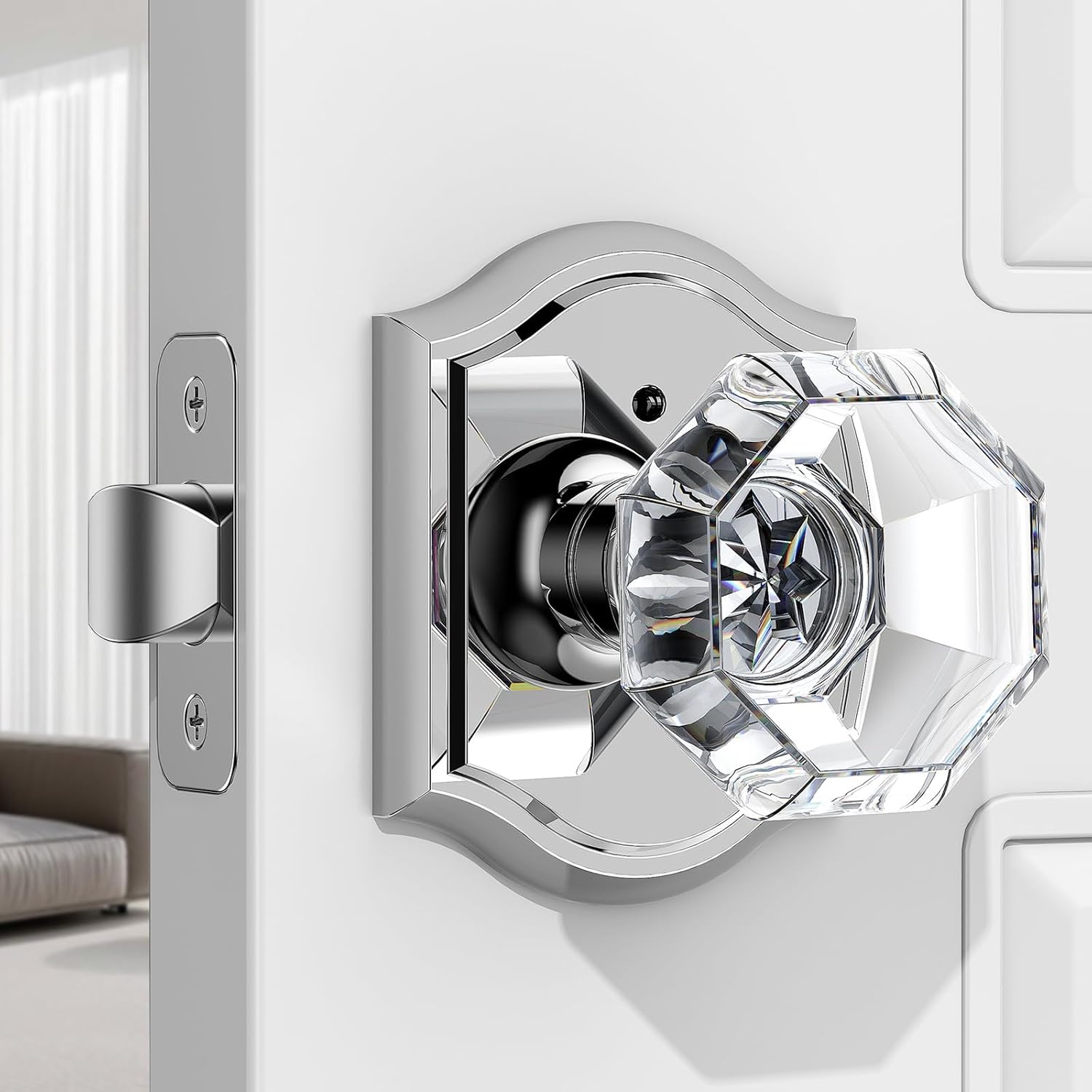 1 Pack Glass Door Knob, Octagon Shaped Crystal Door Knobs with Lock, Polished Chrome Door Knobs Interior Glass
