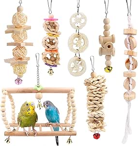 Set Di 7 Giocattoli Da Masticare Per Pappagalli - In Legno Naturale, Con Corda E Ganci In Ferro, Per Uccelli Piccoli E Medi - Foto 4