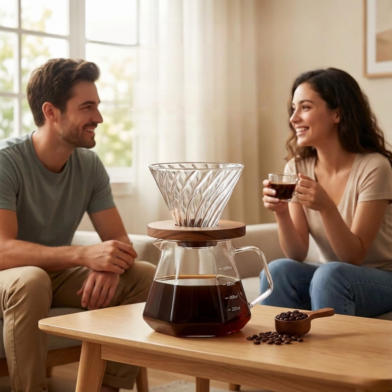 Pour over - Lot de 50 cafetières en verre borosilicate avec couvercle en verre borosilicate - 50 filtres en papier - Poignée en noyer - Pour la maison, le café, le restaurant