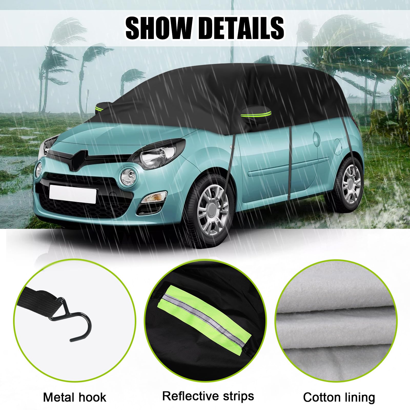 Halbe Autoabdeckung Ersatz für Renault Twingo 1993-2024, Softtop Dachschutz Autoabdeckung Wasserdicht, Halbe Garage mit Riemen, UV-beständig für jedes Wetter