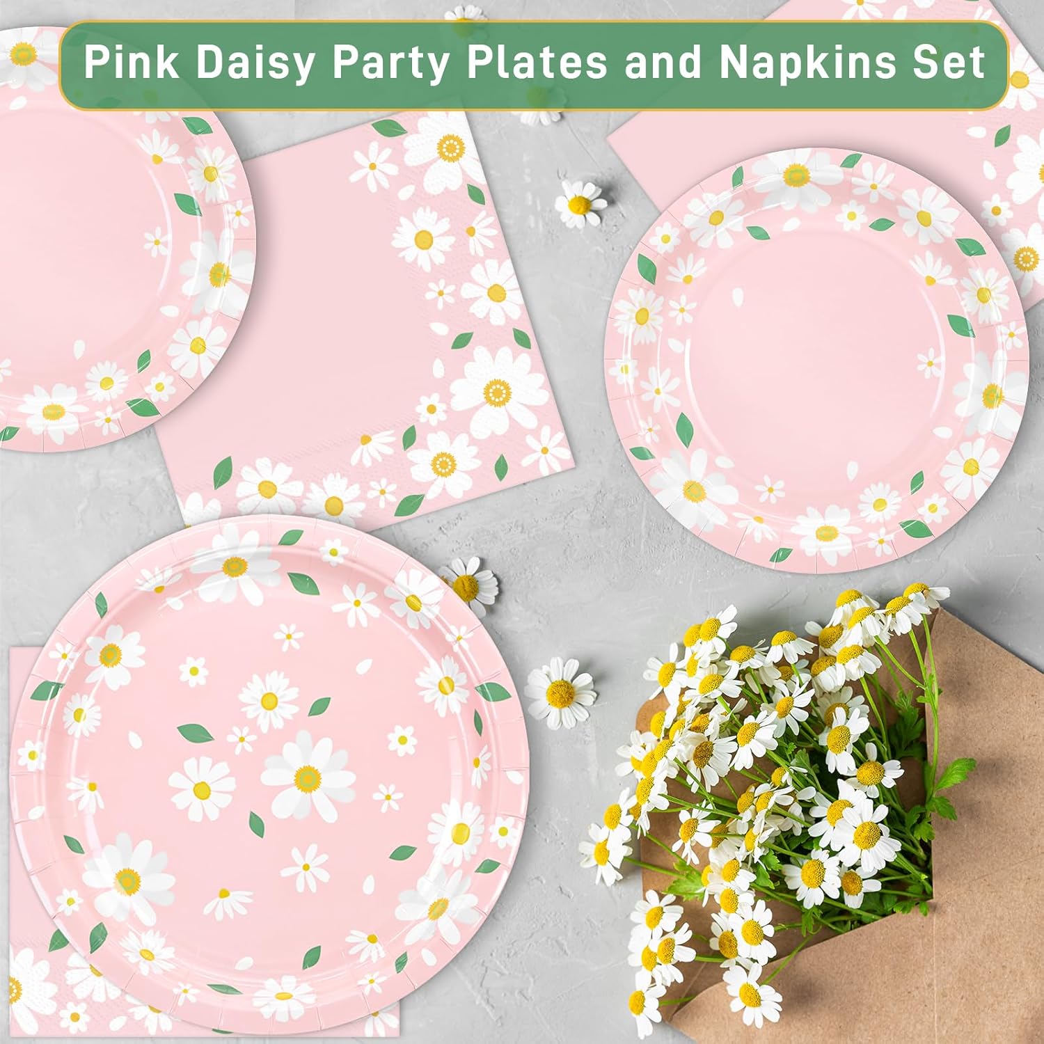 DYLIVeS Pink Daisy Party Supplies Set, Daisy Flower Paper Dinner Plates Daisy Dessert Plates, Luncheon Napkins for Girls Birthday Baby Shower Weddings Daisy Birthday Party Decorations Summer, Serve 50