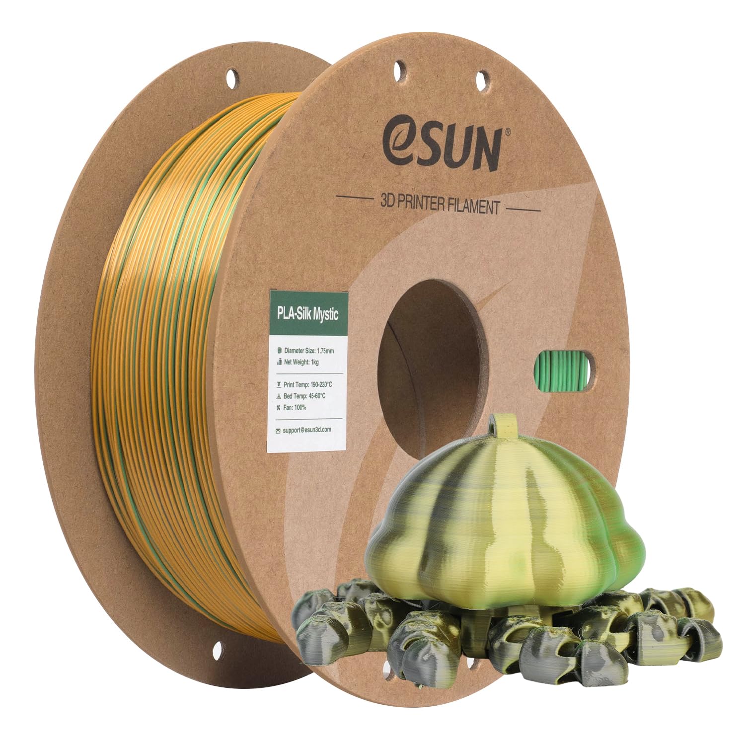 eSUN Filamento per stampante 3D in PLA di seta, 1,75 mm, a tre colori, gradiente, lucido, setoso, precisione dimensionale +/-0,03 mm, bobina di cartone da 1 kg, oro verde e nero, tripli colori