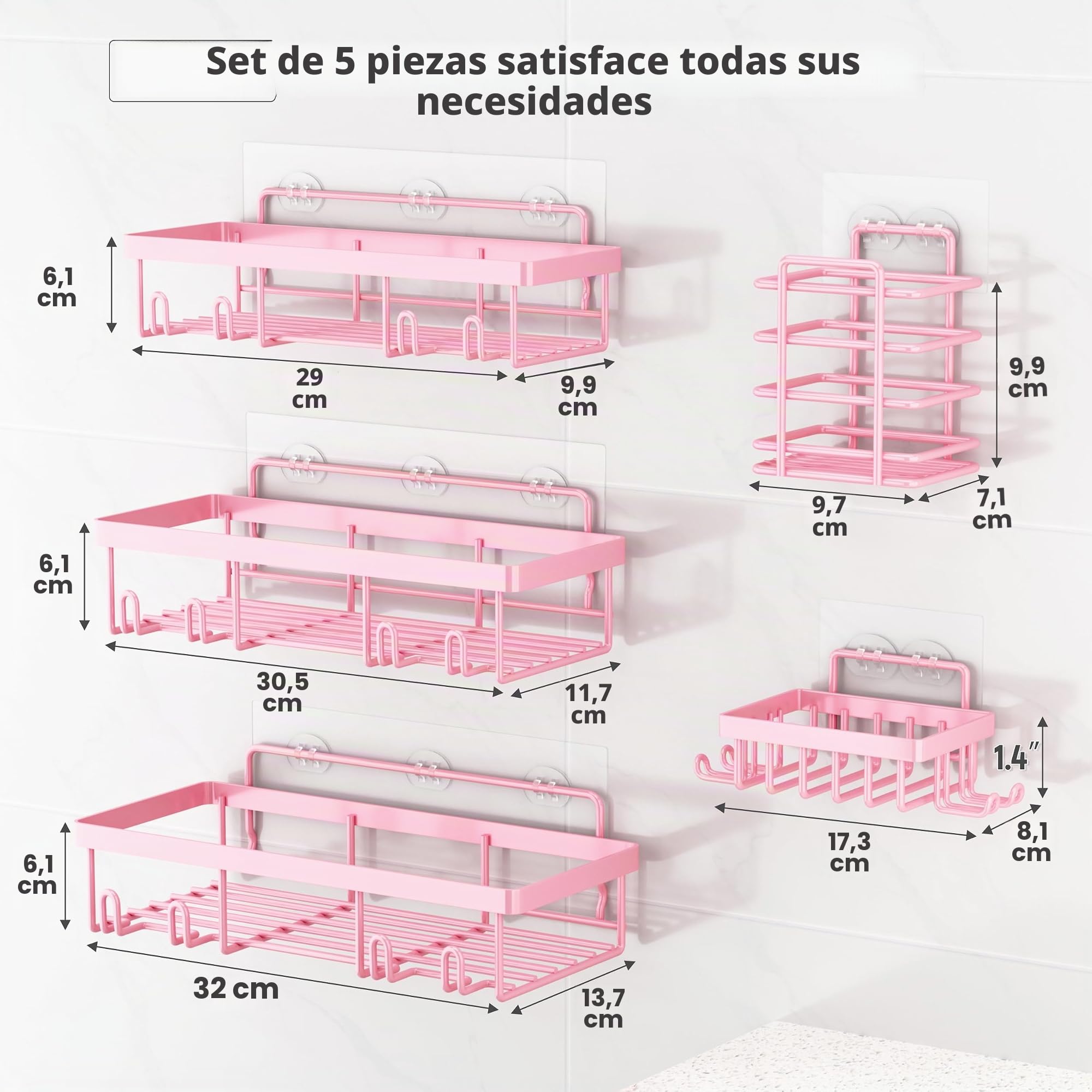 Liuoud Paquete de 5 estantes organizadores de ducha para regadera interior, cesta de almacenamiento adhesiva de pared de baño de acero inoxidable, soporte de champú de acero inoxidable, juego de