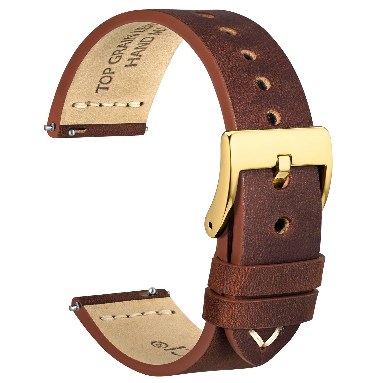 WOCCI 20mm Old-fashioned Watch Band for Men, Top Grain Leather, Golden Polished Buckle (Pecan Brown)