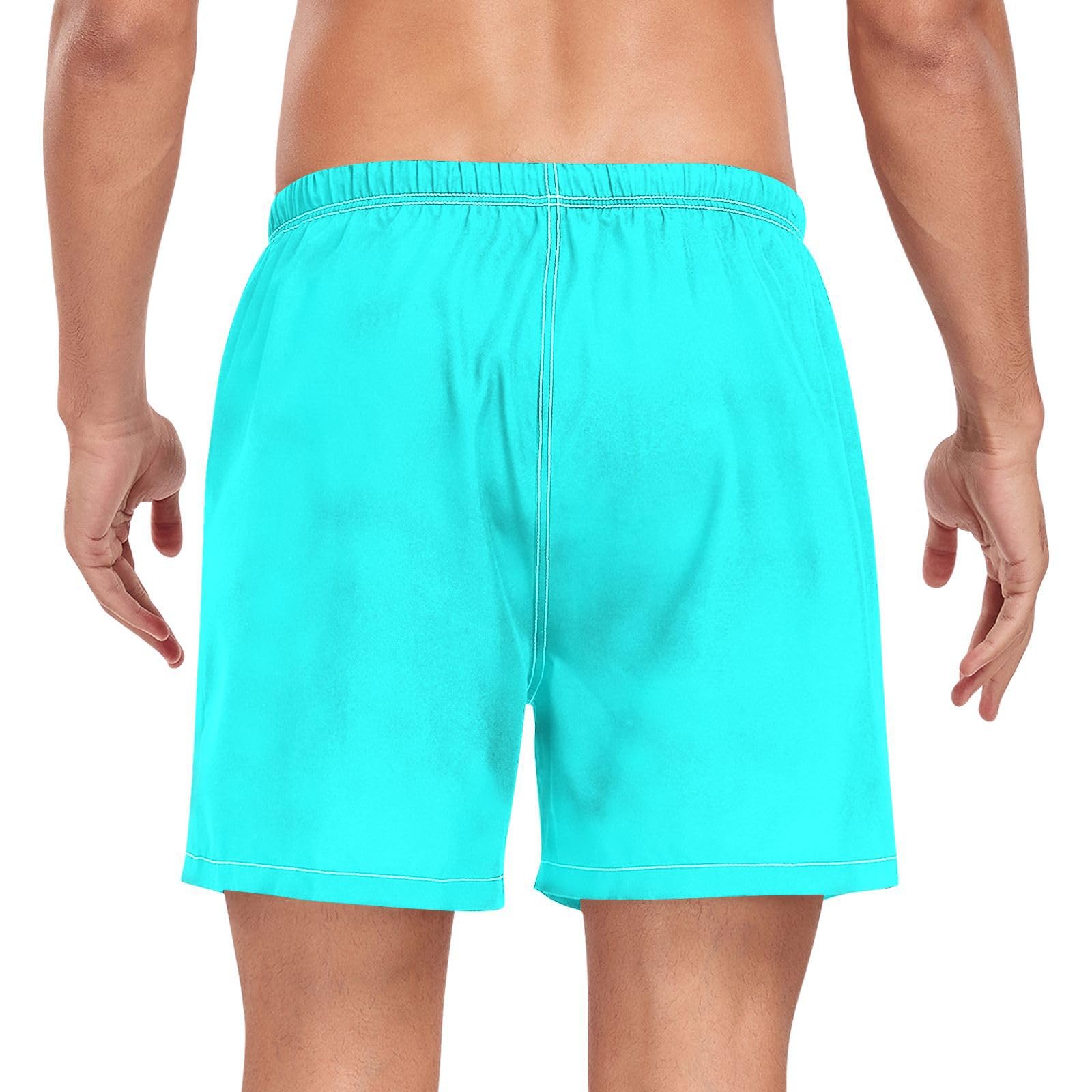 Solid Color Pure Cyan Plain AquaMen's Swimming Trunks Men's Lined Workout Shorts with Pockets and Compression Liner Volleyball Shorts Lightweight