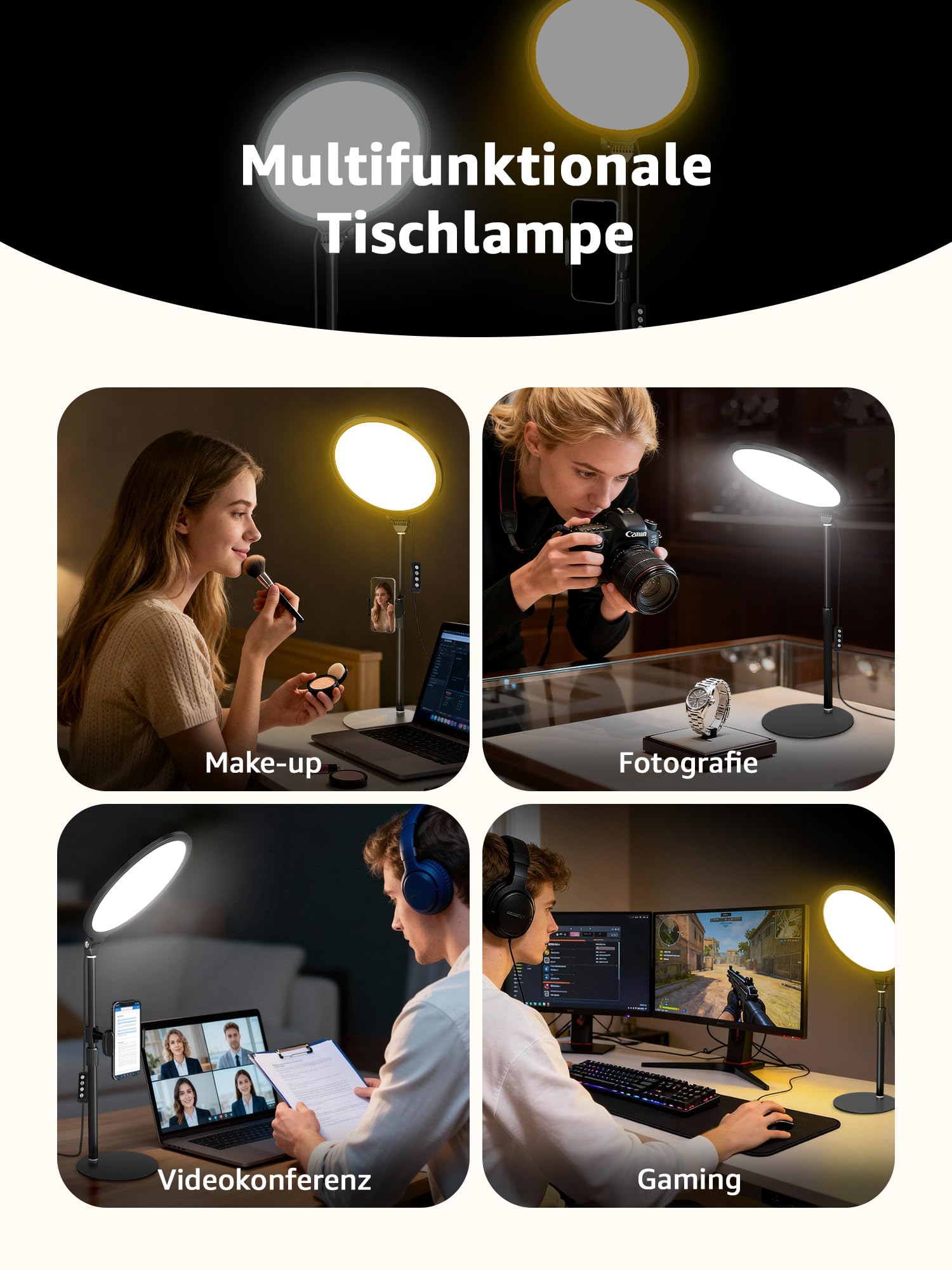 10 Zoll Desktop-Selfie-Licht für Konferenzen, 10 W dimmbares Tisch-Videolicht für Zoom-Meeting, Vollbild-Ringlicht mit Ständer & Telefonhalter für Telefon/Laptop/Computer/Mikrolandschaft