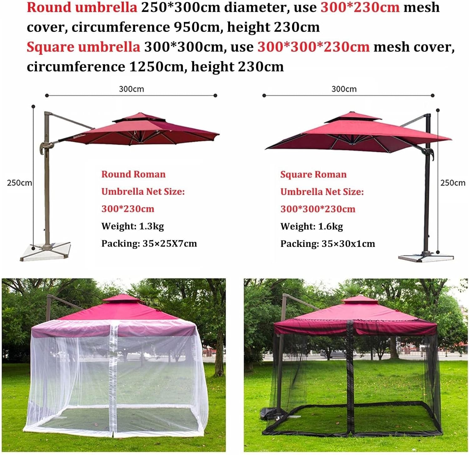 Patio Mosquito Netting, Square Umbrella Mosquito Net, with Adjustable Rope and Double Zipper Door, Mosquito Netting Umbrella, Outdoor Gazebo Canopy(Umbrella not Included)(White)