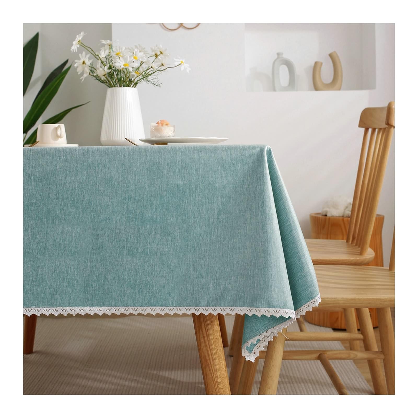 Daesar Mantel Rectangular para Exterior,Manteles Poliéster Antimanchas Color Sólido con Encaje Mantel Exterior Cian,120x170CM(67x47Inch)
