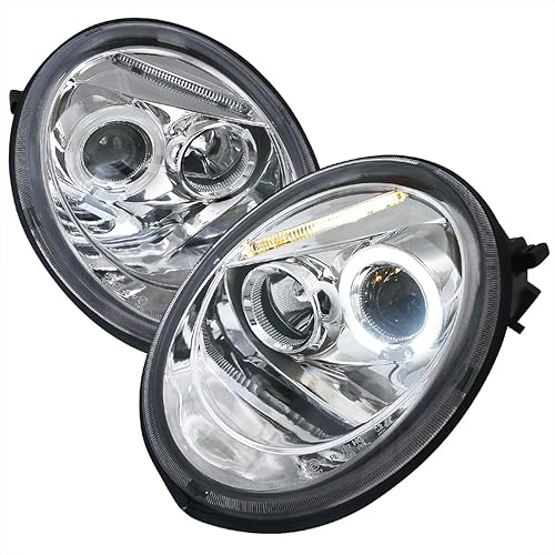 Spec-D Tuning Chrome Housing Clear Lens Projector Headlights Compatible with 1998-2005 Volkswagen Beetle With Factory Halogen Headlight, Left + Right Pair Headlamps Assembly