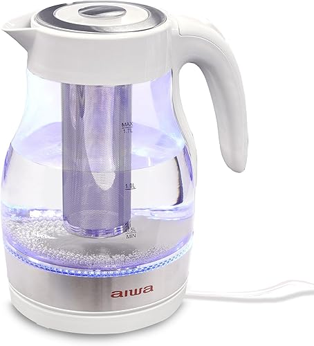 Aiwa Hervidor de infusión negro 2 en 1, hervir y preparar con infusor de té de acero inoxidable extraíble, capacidad de 7 tazas o 1.7 litros, luz