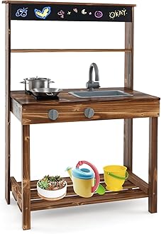 Costzon Mud Kitchen, Outdoor Play Kitchen with Stoves, Sink & Faucet, Blackboard, Cooking Accessories, Storage Shelf, Wooden Kids Kitchen Playset, Mud Kitchen for Kids Outdoor