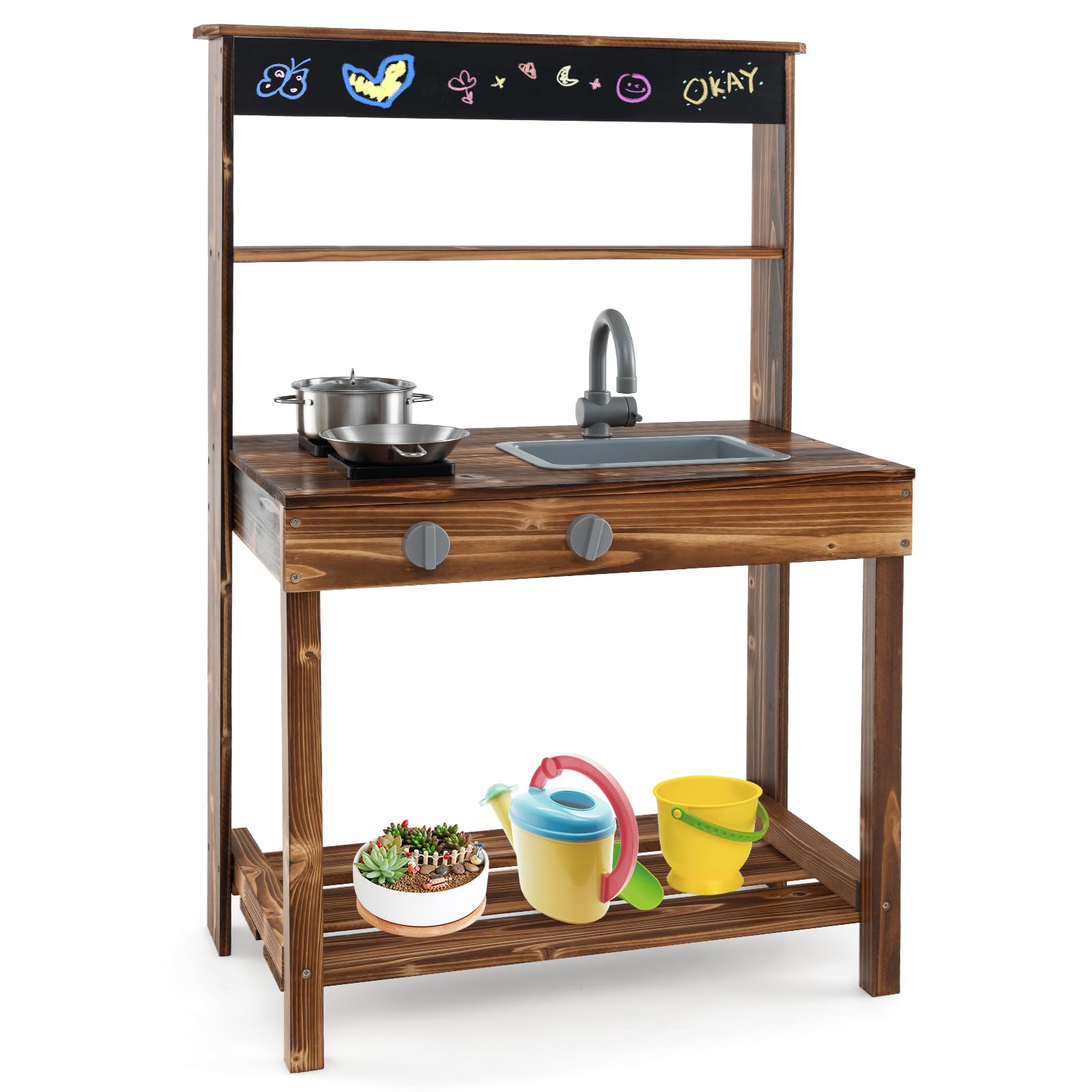 Costzon Mud Kitchen, Outdoor Play Kitchen with Stoves, Sink & Faucet, Blackboard, Cooking Accessories, Storage Shelf, Wooden Kids Kitchen Playset, Mud Kitchen for Kids Outdoor