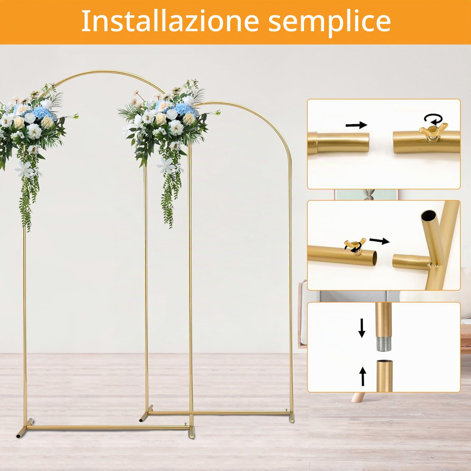 Supporto di Fondo in Metallo Dorato per Arco di Nozze, Uva, Fiori, Palloncino - Decorazione per Compleanno, Festa, Cerimonia (200 + 180 cm)