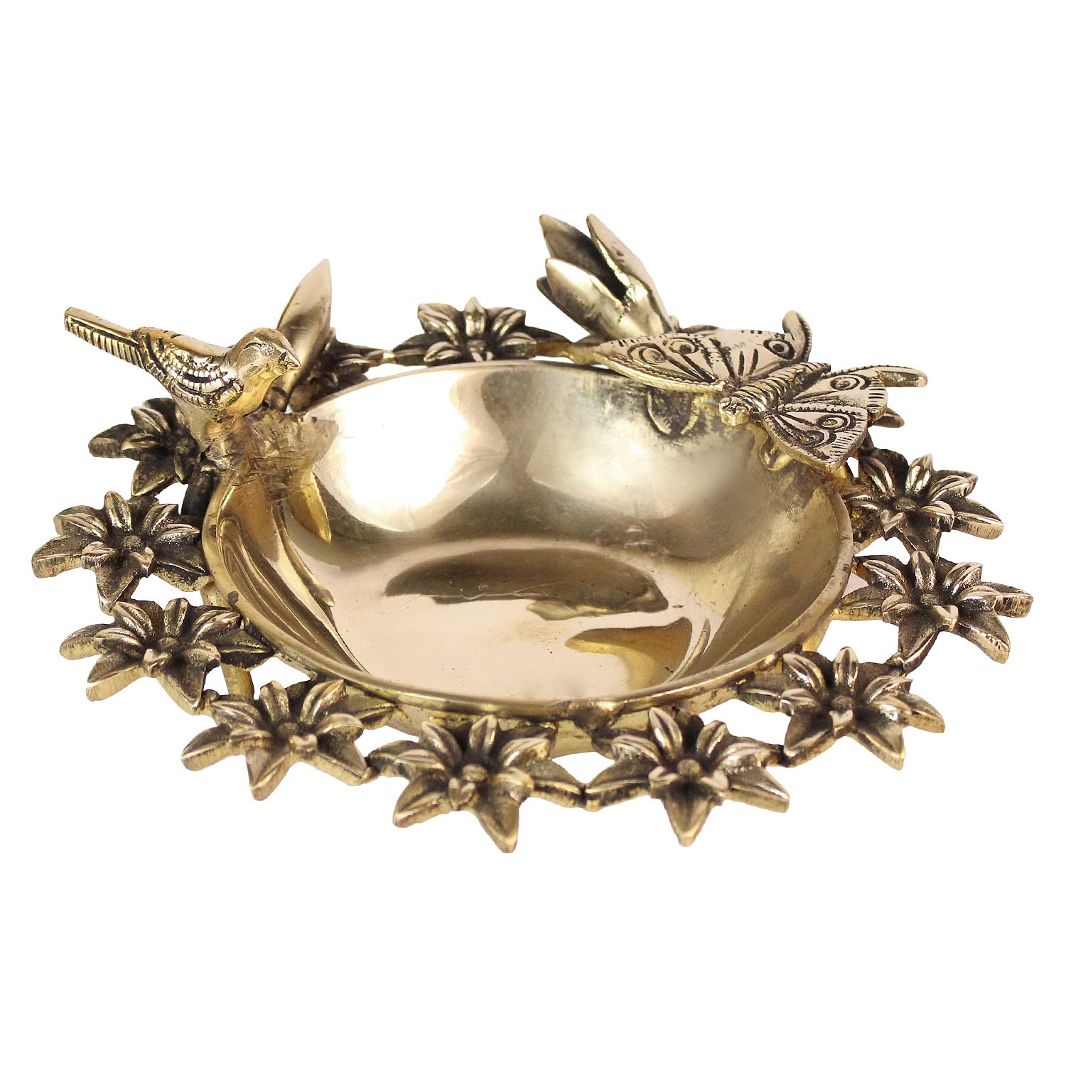 ARTVARKO Brass Traditional Bird Butterfly Flowers Urli Bowl Showpiece for Floating Candles Home and Office Decoration Diwali Decoration Gift 8 Inch