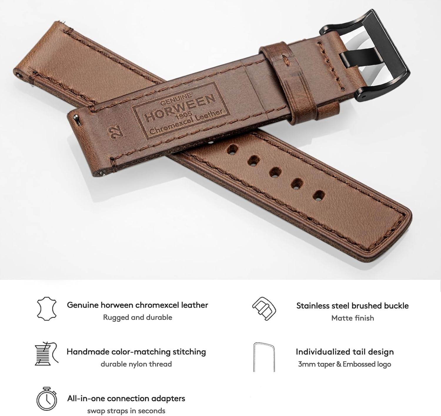 Compatible with Carbinox X-Ranger Bands, 22mm Horween Leather Strap for Carbinox Edge/Blaze Round/Blaze S/X-Ranger/Vortex/Vesta/Blaze Square, Suunto 9 Peak Pro/5 Peak/Race/Vertical, Ama@zfit T-Rex 3 Pro 48mm(not 44mm)