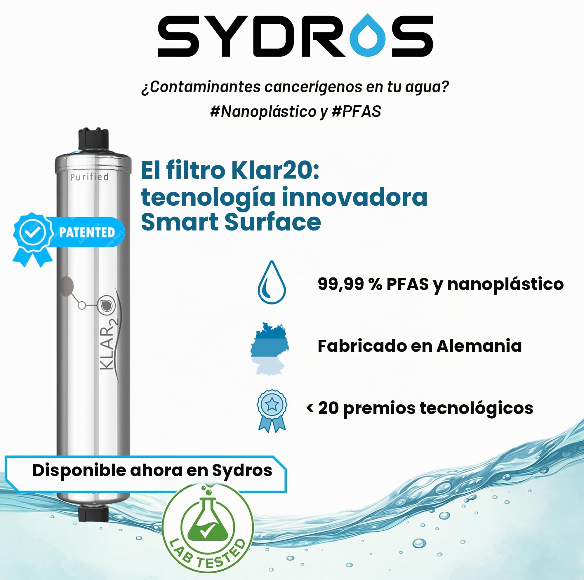 Sydros Optimus - Filtro de agua de 6 niveles que filtra el 99% de nanoplastia y PFAS, reduce el cloro de cal y 500 contaminantes de metales pesados, sin químicos, acero inoxidable, bajo mantenimiento