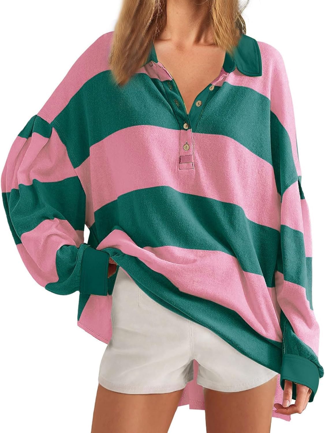 Women’s Oversized Striped Polo Sweatshirt - Y2K Color Block Loose Fit Long Sleeve V Neck Lapel Collared Pullover Tops Casual Fall Henley Rugby Shirt Preppy Style T-Shirt Outfits (XX-Large,02#pink)