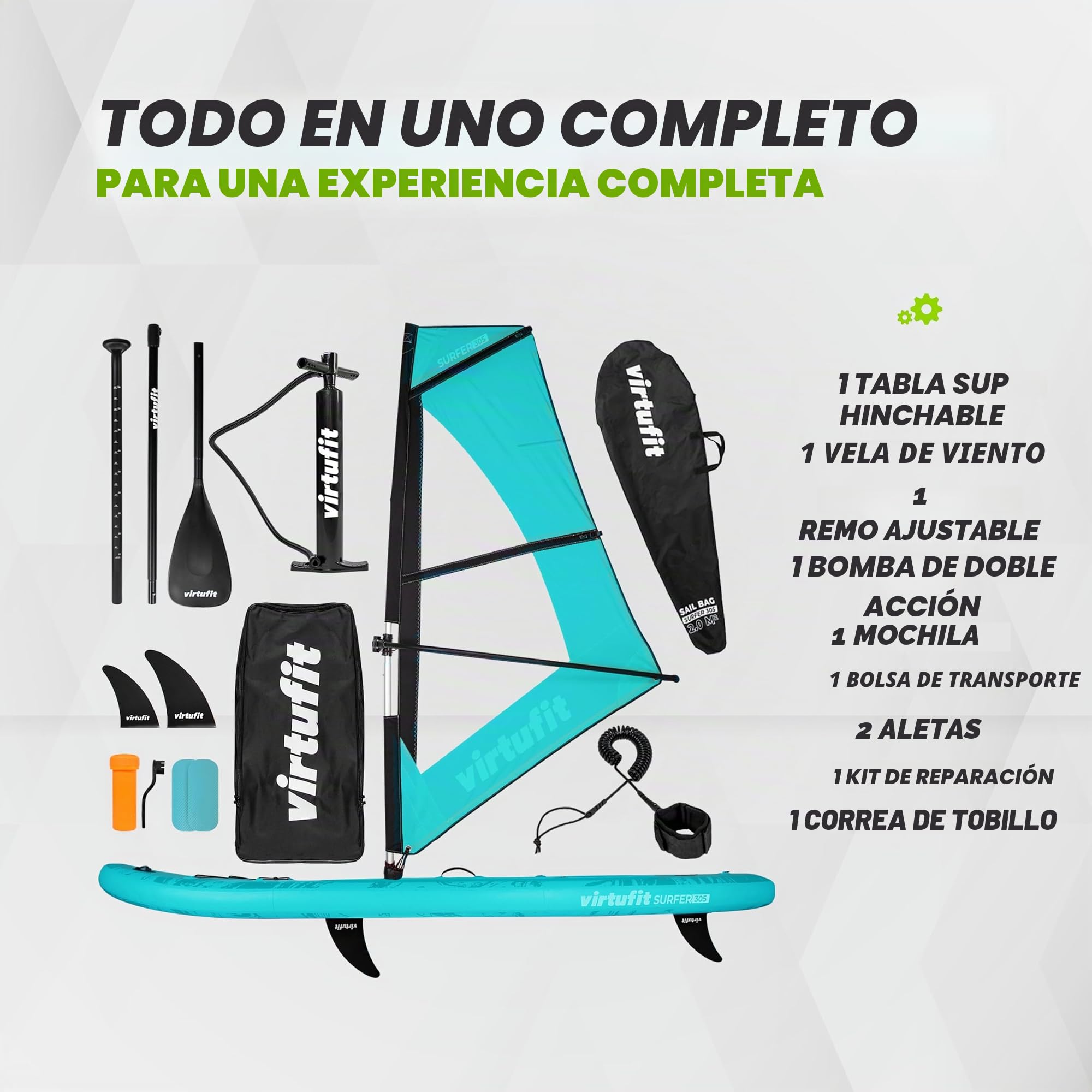VirtuFit SUP Board Surfer 305 - Tabla de surf hinchable con vela de windsurf - Stand Up Paddle Board negro, incluye accesorios, remo, bomba, bolsa de transporte, soporte para GoPro, principiantes