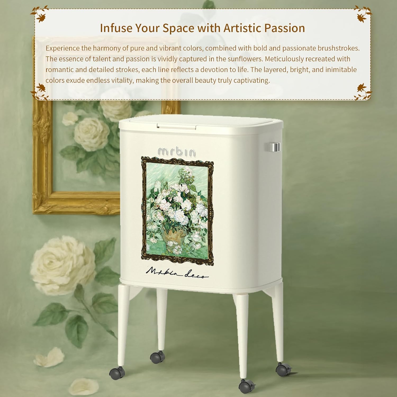 MRBIN Metal Kitchen Trash Can with Wheel Legs, 36L / 9.5gal Medium Press Lid Slim Removable Waste Basket, Pet Proof Tall Narrow Garbage Pail for Vanity, Bedroom, Bathroom, Living Room, White Rose