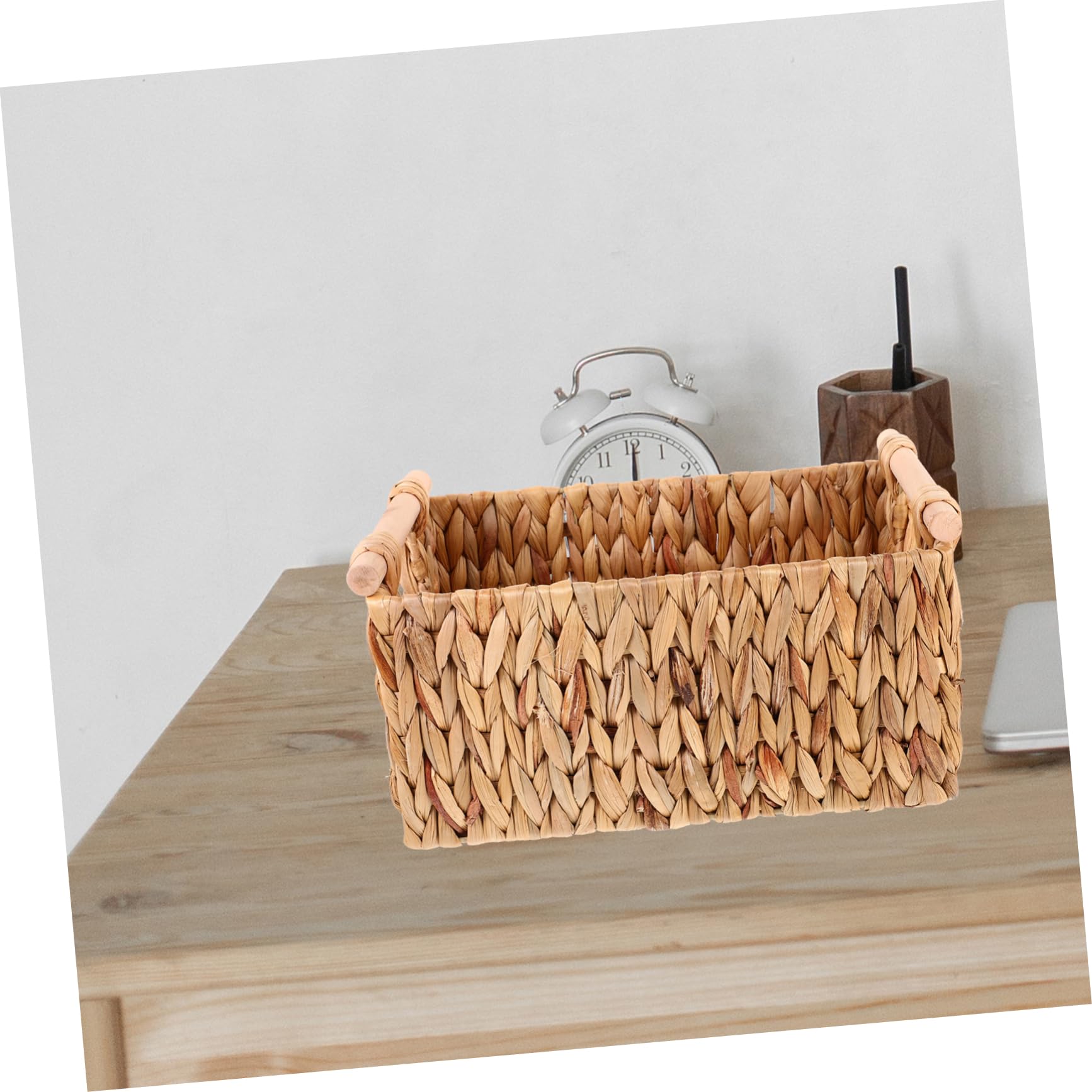 Cesta Tejida de Estilo Rústico y Natural con Asa de Madera, de Fibra Natural y Hierro, para Almacenar Libros o Papel Higiénico en Casa