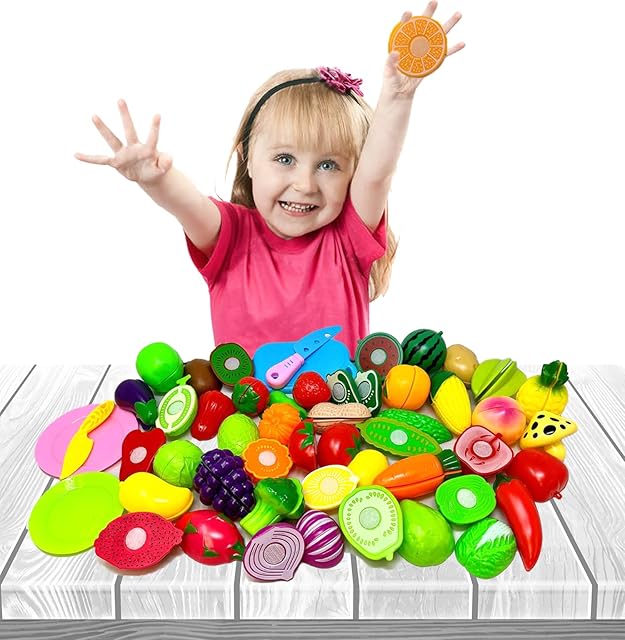 koolbitz 71PCs Pretend Play Fruit and Vegetable Cutting Toys Set for Kids, Food Set & Kitchen Accessories with Child-Safe Knife and Tray for Children, Fruit and Vegetable Play Set, Pack of 71 pcs