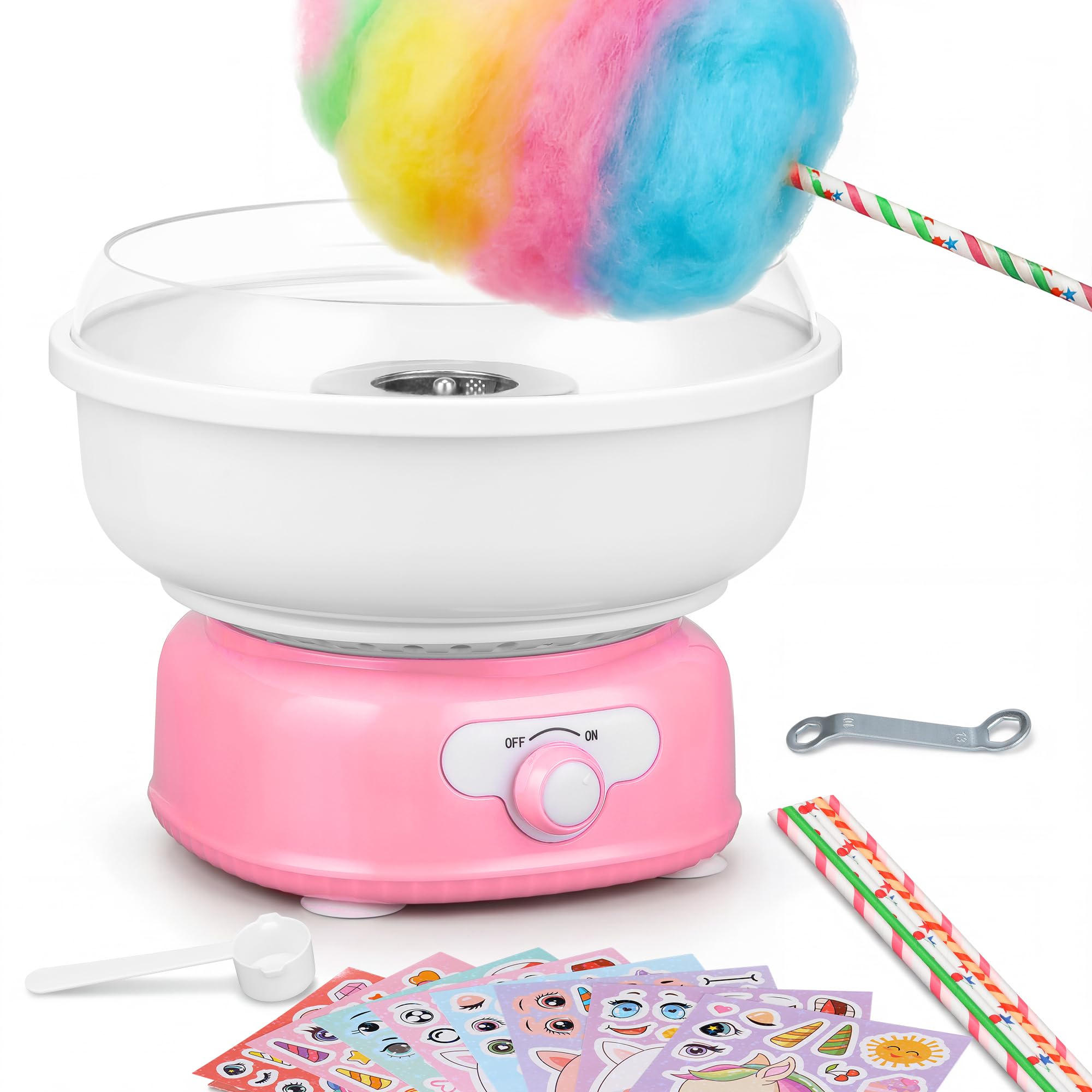 Cotton Candy Machine, Cotto Candy Maker for Kids with Cartoon DIY Stickers, 6 Paper Cones & Sugar Scoop, Homemade Candy Machine for Birthday, Party Gatherings,Christmas Halloween Gift, Pink