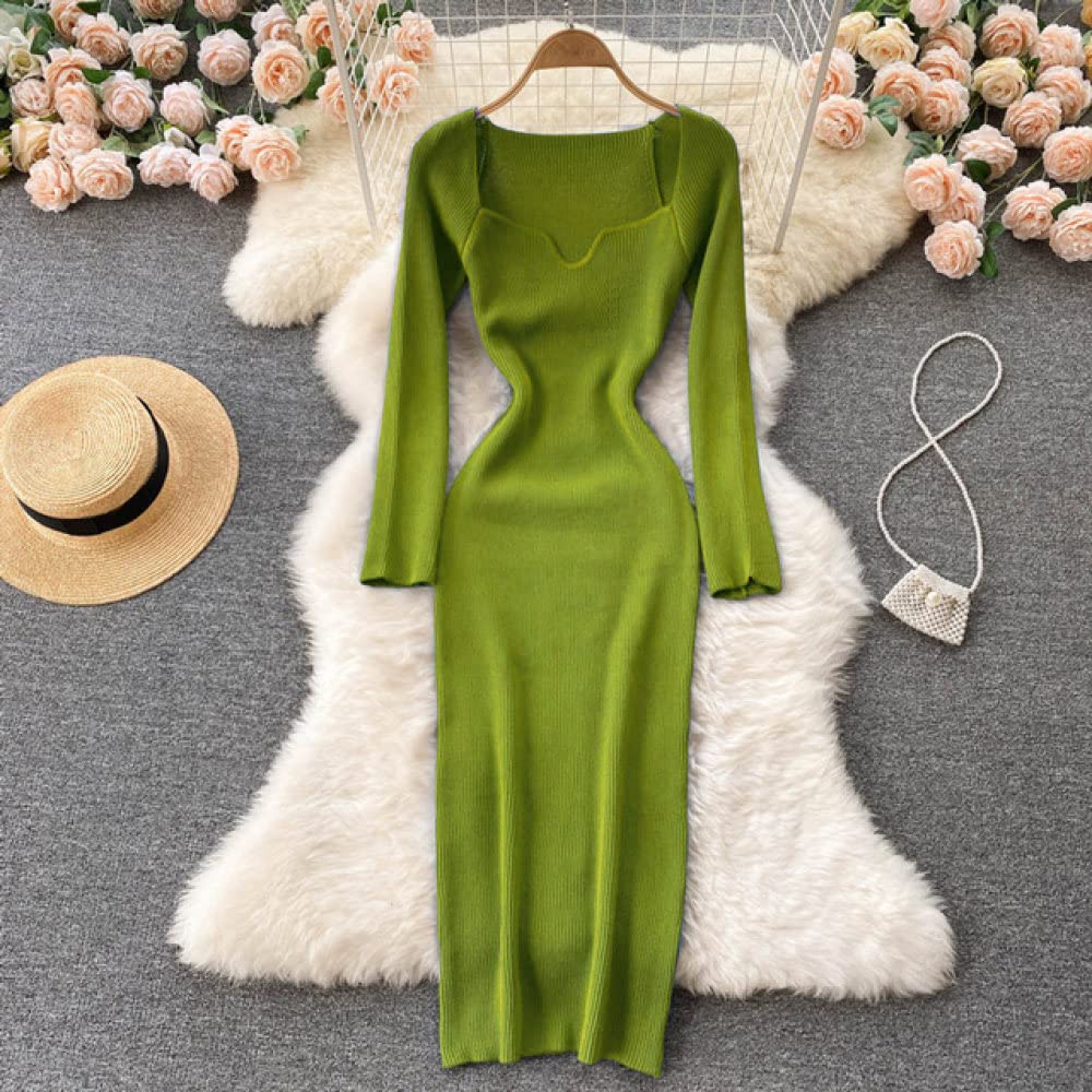 Femme Longues Manches Robe Moulante Sexy sans Bretelles Côtelées pour Dames Automne Hiver Robe Pull Mi-Longue À Manches Longues, Vert Clair, Taille Unique