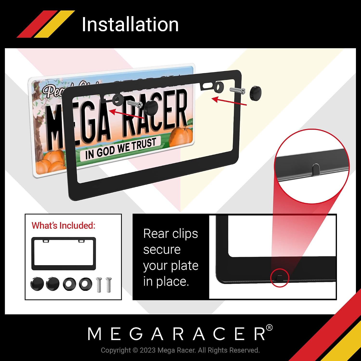 Mega Racer Metal Black License Plate Frame - 2 Hole Slim Front or Rear Black Aluminum License Plate Frames with Stainless Steel Screws and Black Screw Caps (1 Piece)