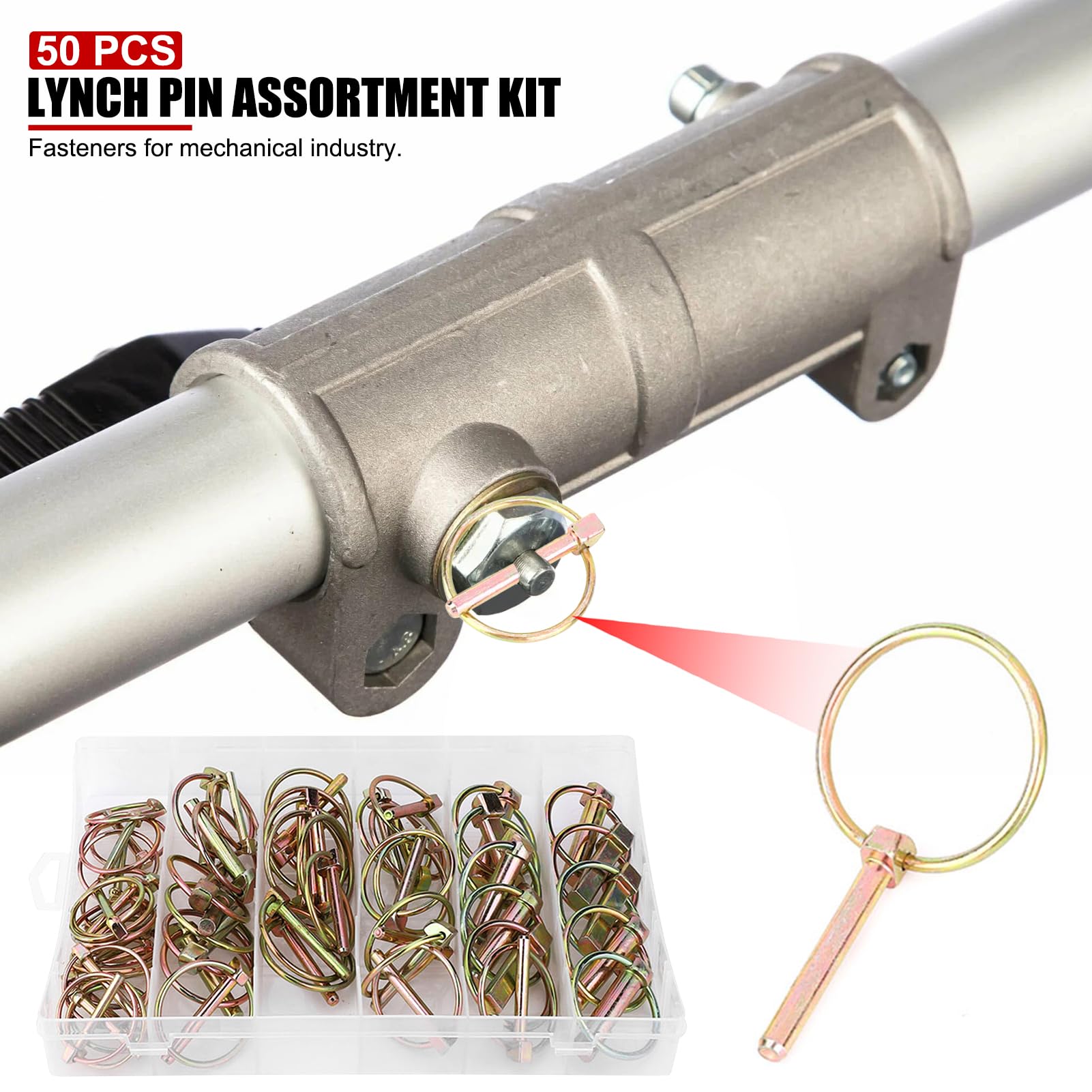 50 pièces Kit d'assortiment de broches Lynch goupille de sécurité annulaire en acier pour remorque de tracteur agricole，goupille clip