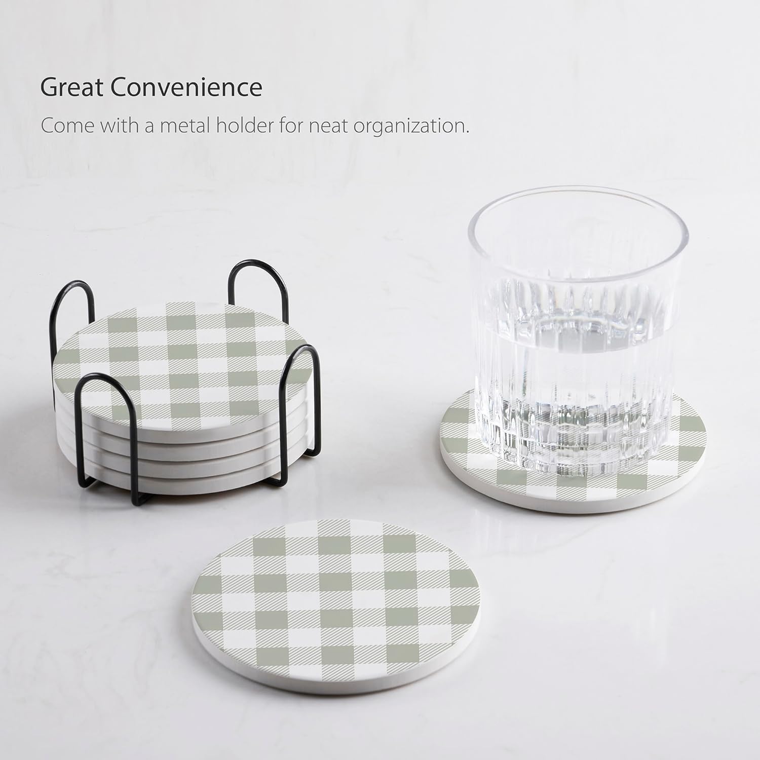 Set of 6 Sage and White Buffalo Check Coasters with Holder, Absorbent Ceramic Drink Coasters with Cork Backing for Table Protection, Table Decor, Housewarming Gifts - Image 6