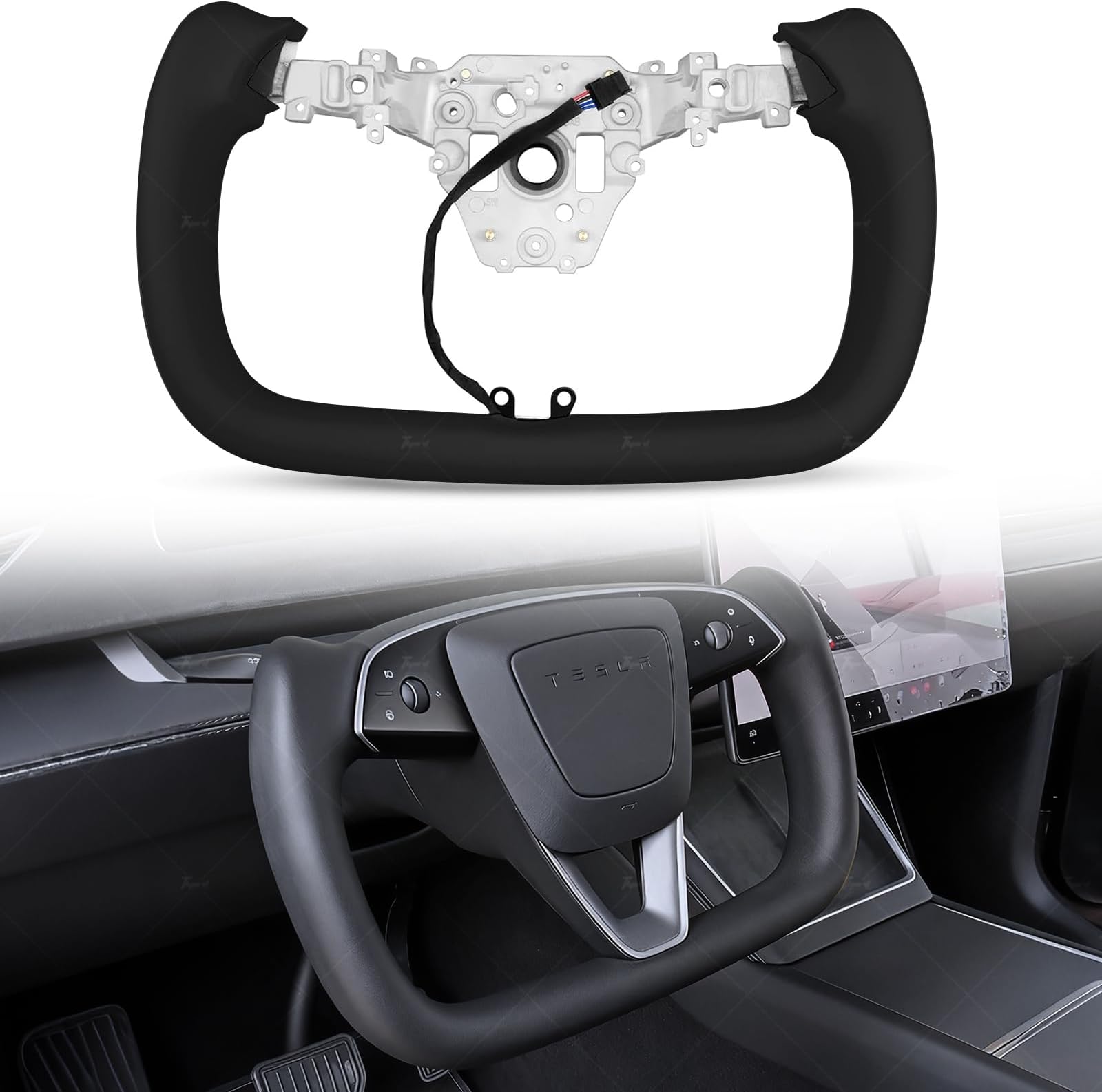 Yoke Steering Wheel Personalized for Tesla Model Y Juniper 2025, Nappa Leather for Tesla Model Y Accessories With Heating Function No Front Trim (Black Perforated, Glossy Carbon Fiber)