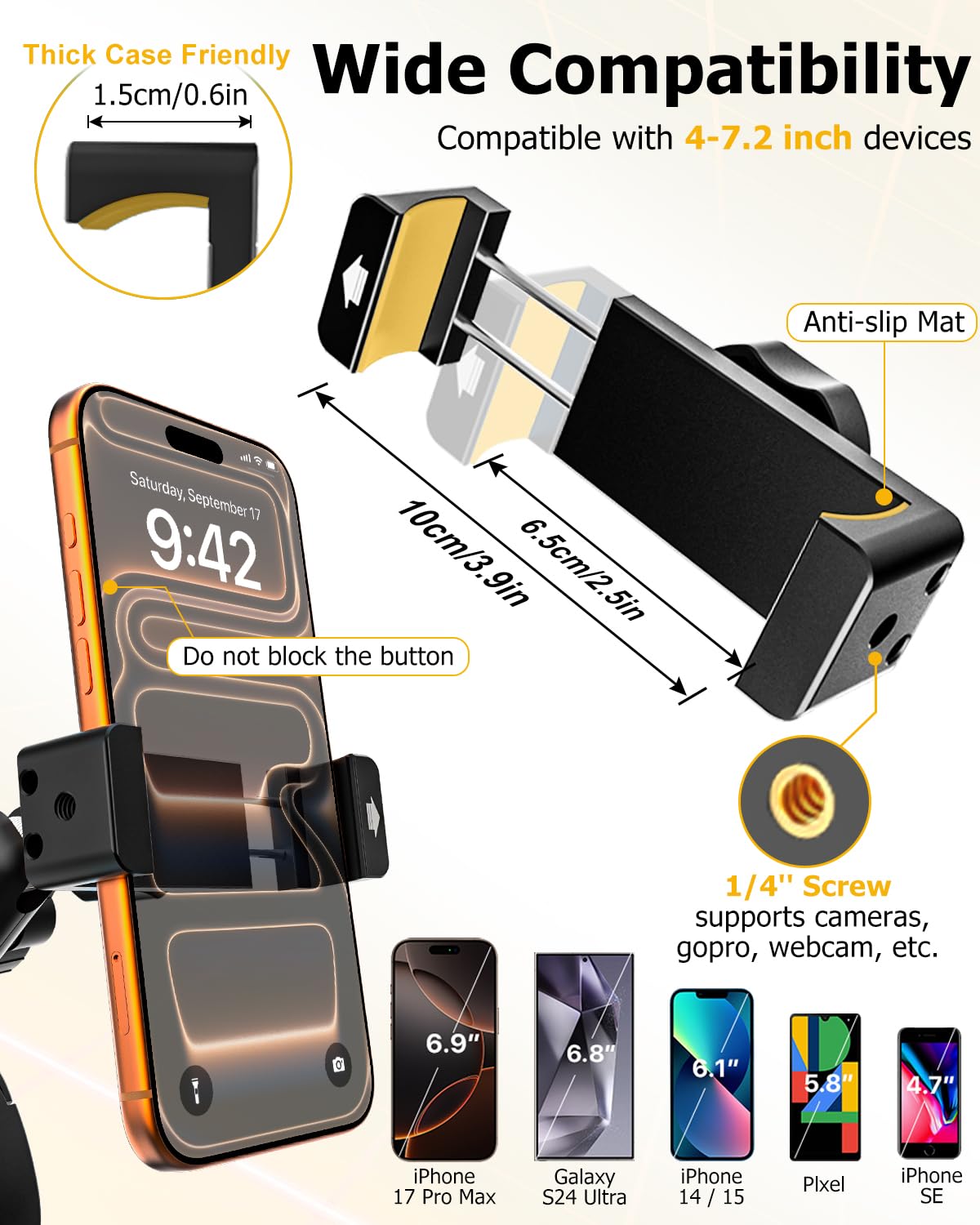 Support Téléphone Poussette - Bras Métallique à 360° & Super Stable | Velo Appartement Home Trainer Tapis de Course Support Guidon pour iPhone 17 Pro Max, 16, 15, Galaxy S26, S25, Pixel, 4-7"