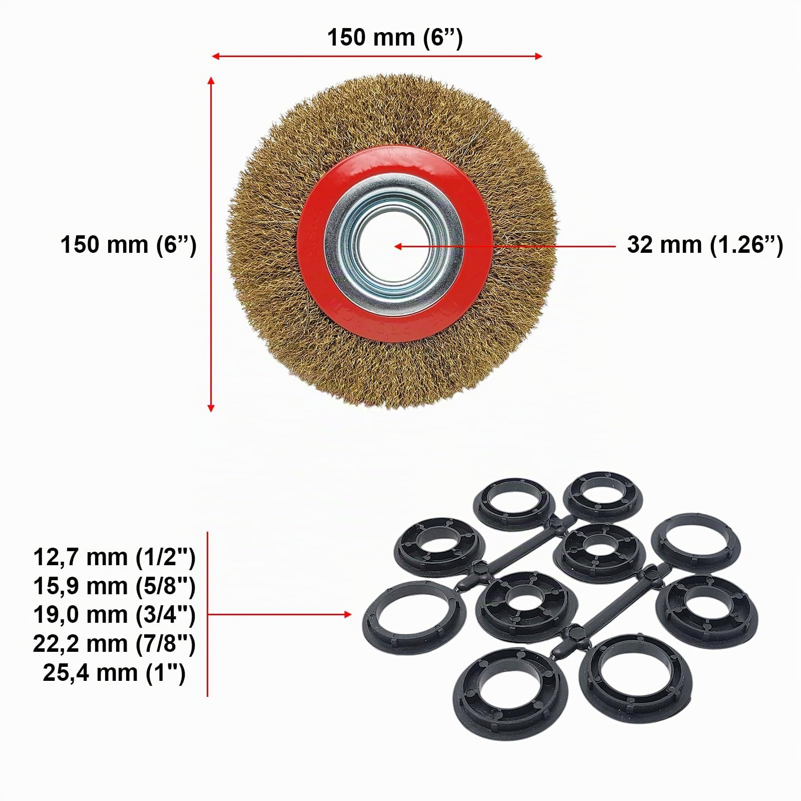 Brosse pour meule, en acier laiton, disque de 150 mm avec adaptateurs