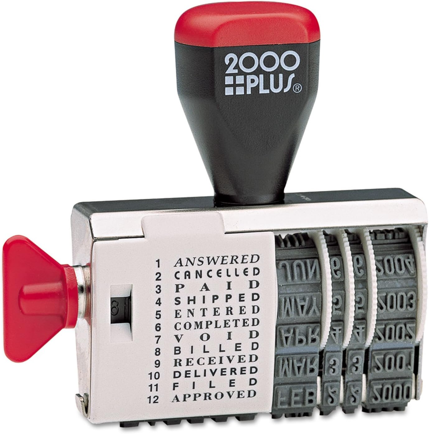 2000 Plus Traditional Date and 12 Phrase Stamp, Cancelled, Paid, Shipped, Entered, Completed, Void, Billed, Received, Delivered, Filed, Approved, 3/8" x1-1/4 Impression, BlackInk(010180), Rectangular