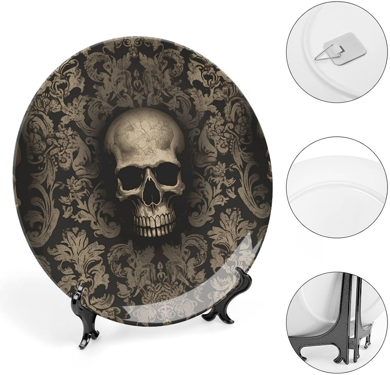 10 in Bone China Decorative Plate Set with Display Stand Porcelain Gothic Wallpaper Skull Dinner Plates for Wall Hanging Home Office Collections Ceramic Ornaments No Drill Wall Mount Kit Included image 4