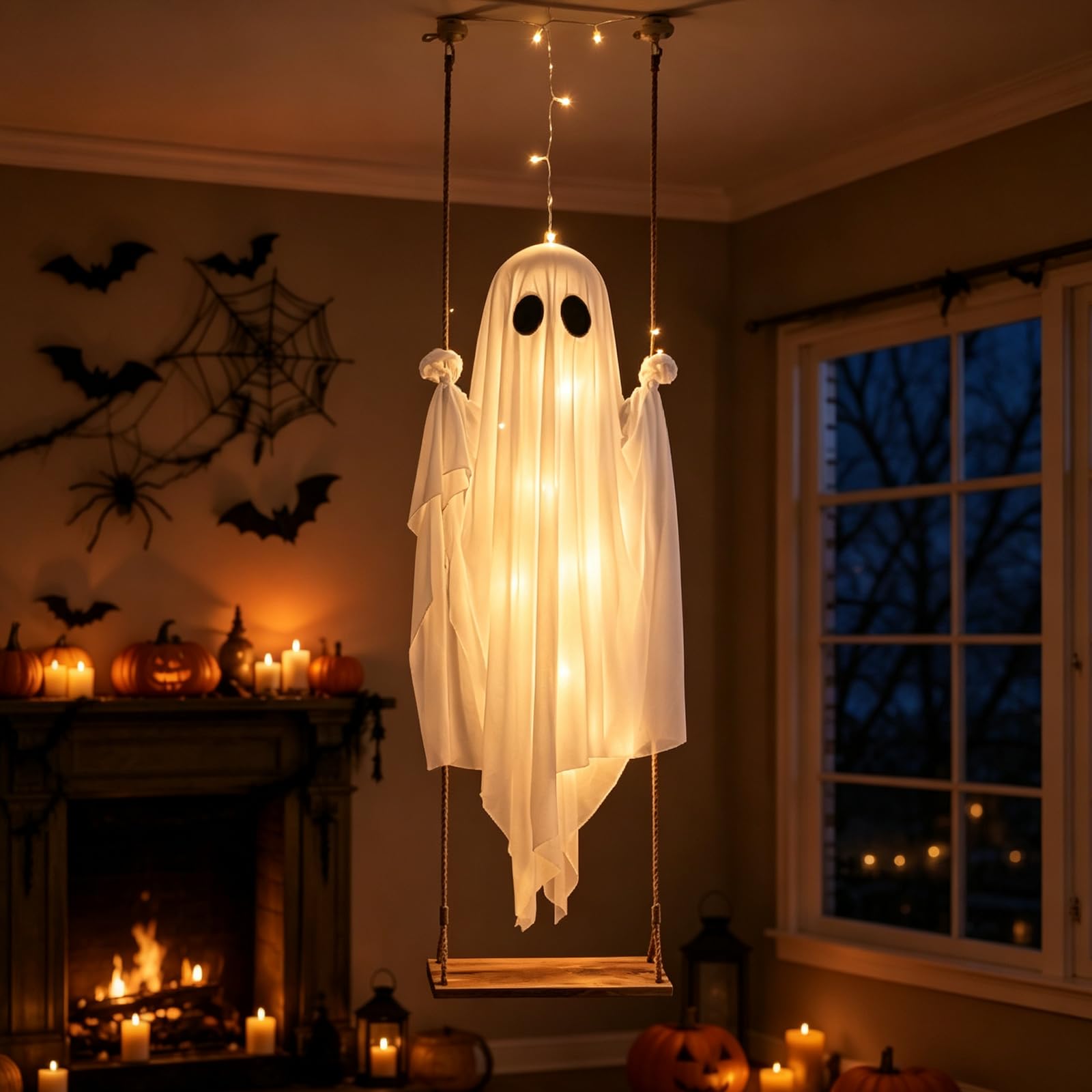 Decoraciones de Halloween con Forma de Fantasma columpiándose, decoración Colgante iluminada de 180 cm (5 pies).