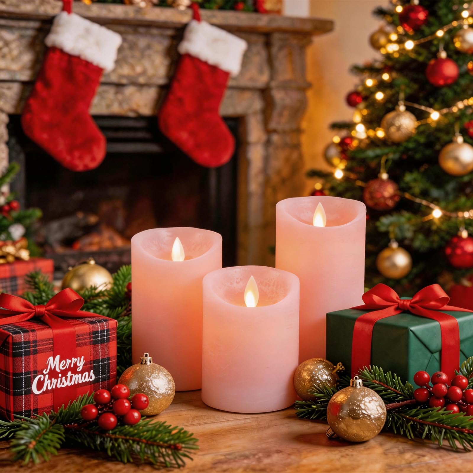 Candele LED, [Set di 3] Candela a Batteria a LED Senza Fiammacon Timer Telecomando Fiamma Tremolante, Luce Bianca Calda, Lumini LED Elettriche, Dimmerabili per Casa Festival Decorazioni - Rosa