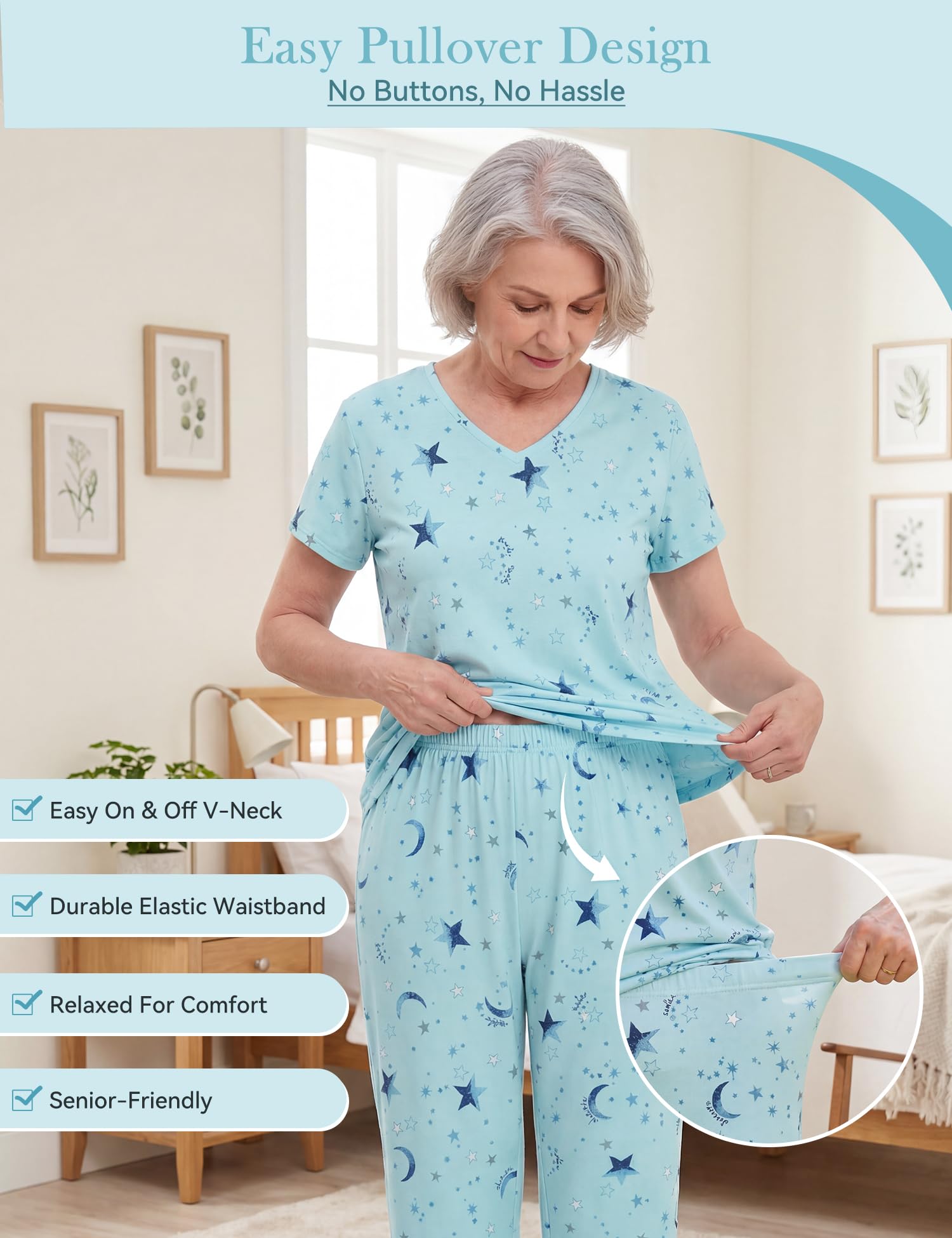 American Trends Paquete de 2 pijamas de algodón para mujer, conjunto de dos piezas de manga corta con pantalones capri, conjunto de pijama de verano