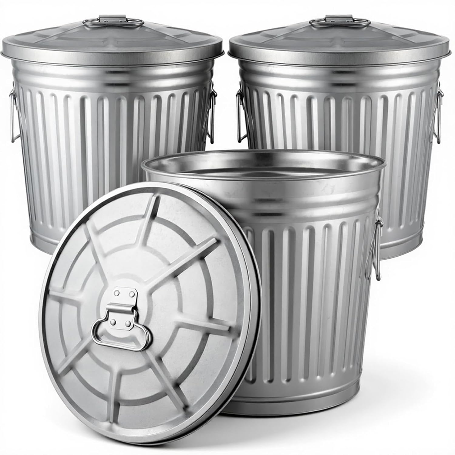 Lounsweer 3 Pack 9.2 Gallon Galvanized Trash Can with Lid, Equipped with Two Handles for Carrying, Small Metal Trash Can with Lid for Backyard, Lawn, Garden, Livestock Food, Charcoal, Ice Melt