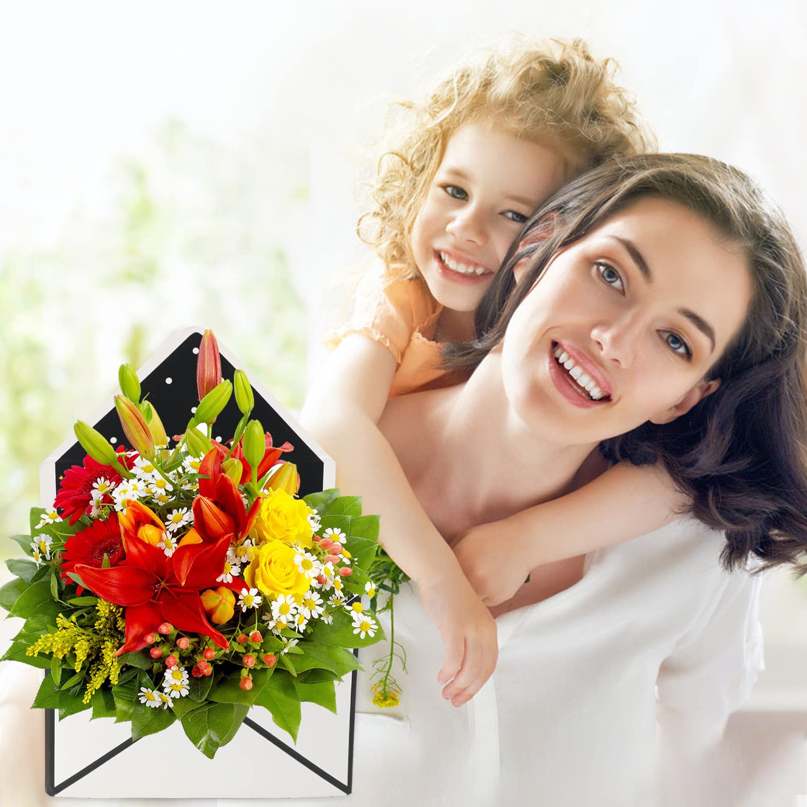 LOMIMOS 5PCS Florist Bouquet Envelope Box,Folding Flower Packaging Wrapping Storage Gift Paper Box for Mother's Day Wedding Engagement Birthday Graduation Valentine Party(Black/White)
